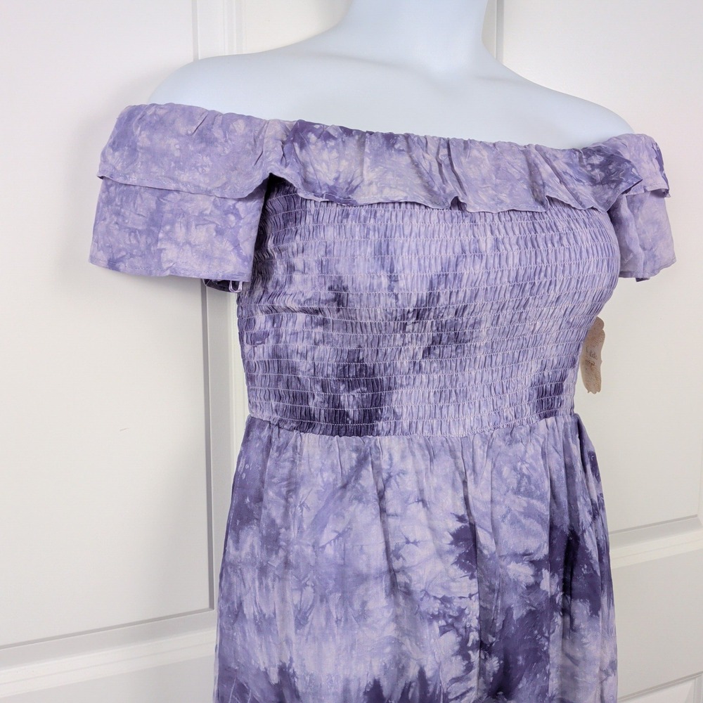 Tie Dye Smocked Off Shoulder Romper Size Medium Purple NWT Hippie Festival Boho‎